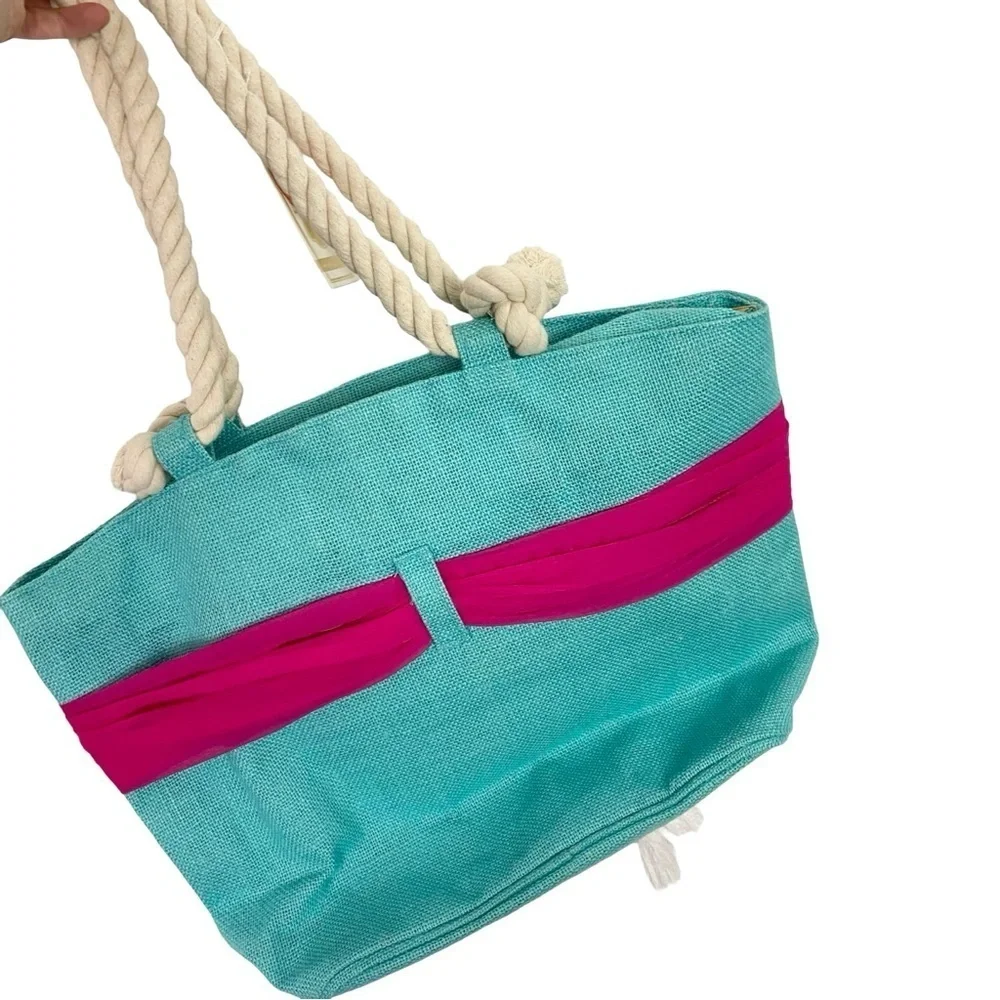 Mud Pie Jute Beach Bag Removable Sarong Turquoise Pink Zip Close 18” x 13” New